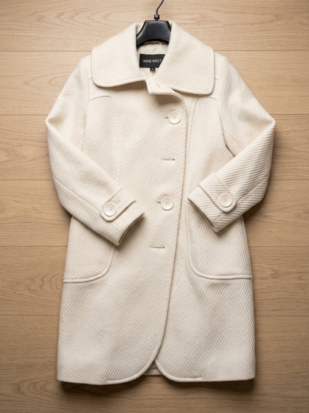 Nine West Cream Wool-Blend Pea Coat with Large Buttons